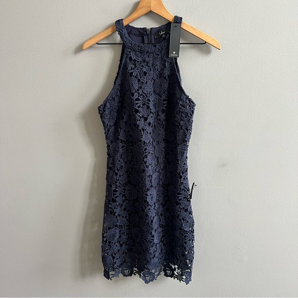 Lulu’s Love Poem NWT Navy Blue Lace Floral Mini Dress Size Medium - Picture 4 of 14